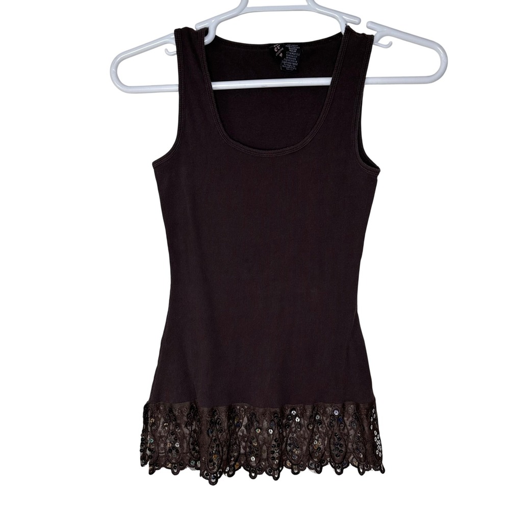 L8er Clothing Layer Tank Top Women Medium Brown Ribbed Lace Sequin Brown Y2K